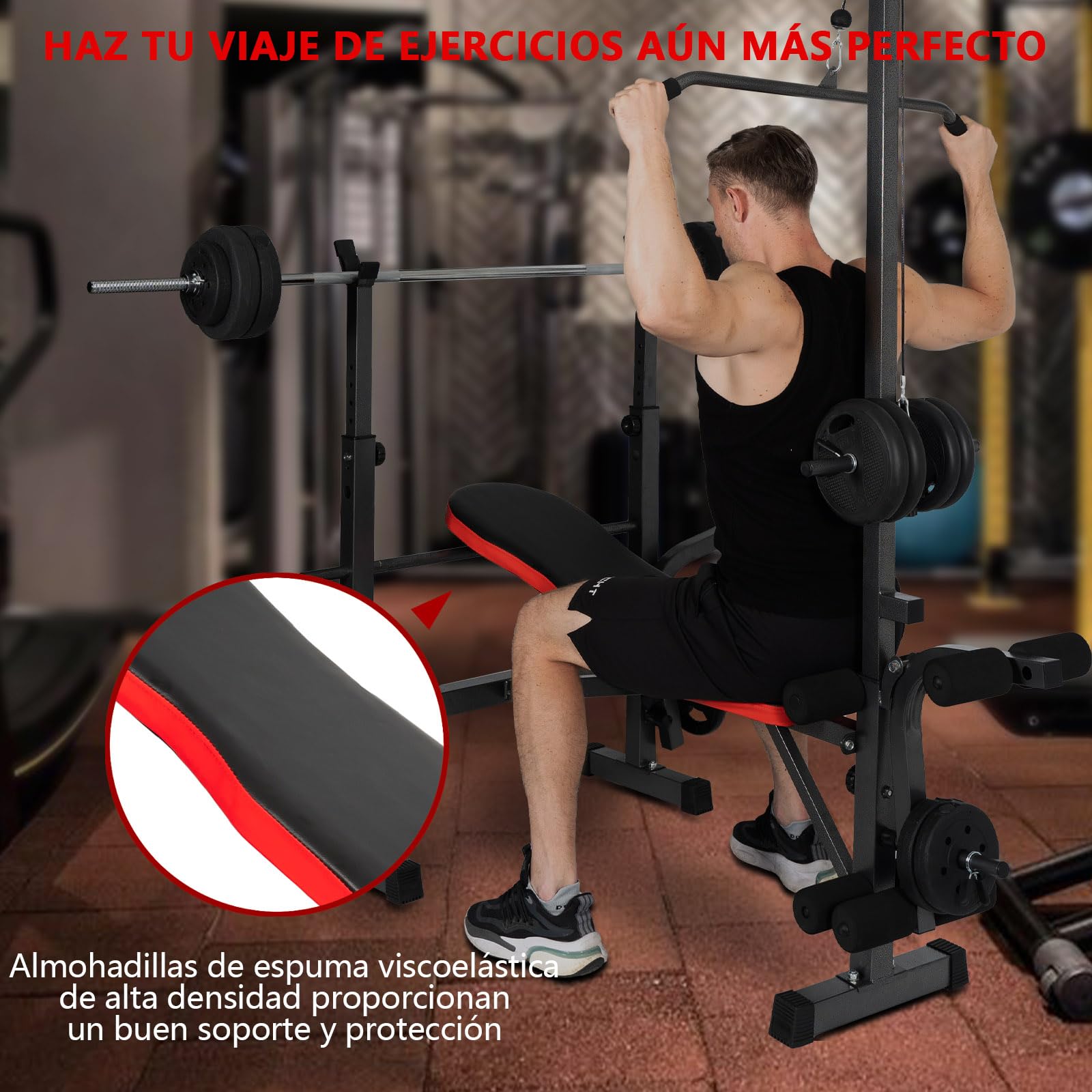Banco de Pesas Multifuncional Banco de Musculación Plegable, Banco Abdominales Respaldo Ajustable Soporte de Barras con Entrenador de Polea, Banco Musculación Gym en Casa