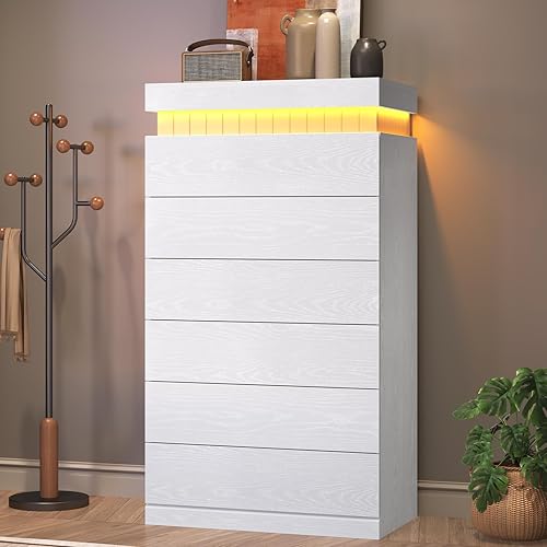 Miniatura 7 de Cómoda alta blanca de 6 cajones para dormitorio, espacio de almacenamiento con tapa deslizante, cómodas modernas de madera con luz LED y toma de 6