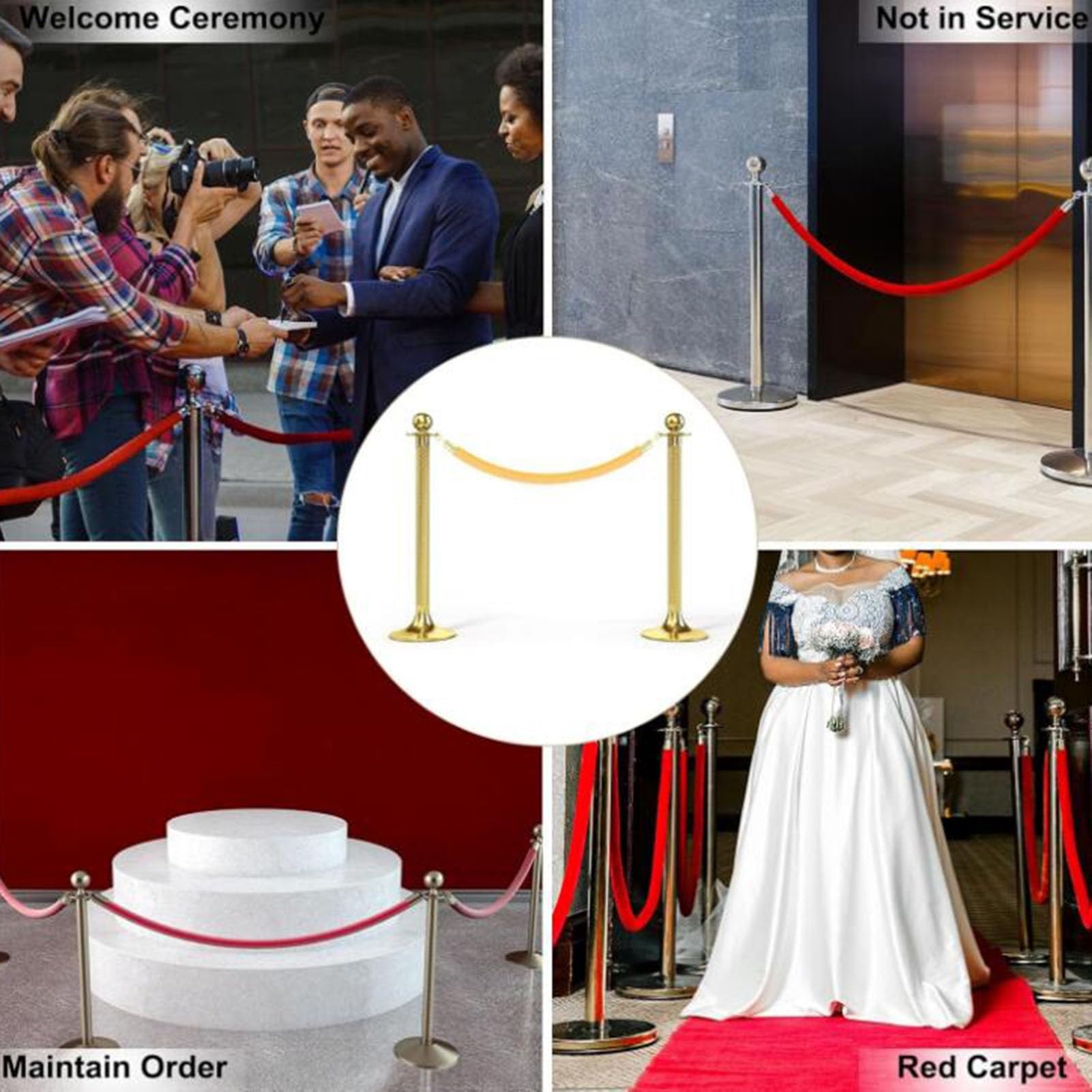 Paletti di delimitazione per eventi, set di barriere in corda di velluto Samtseil - Confezione da 2 pezzi da 80 cm/31,5 pollici con ganci dorati per matrimoni, inaugurazioni, hotel, gestione