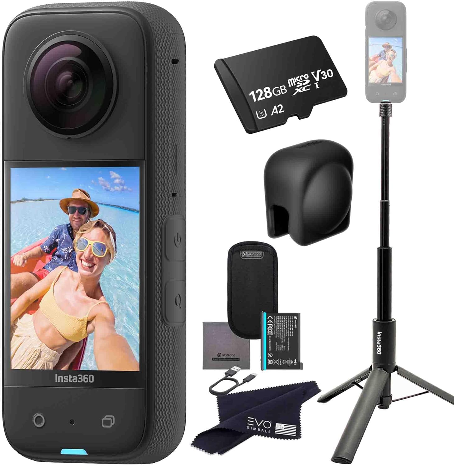 insta360 X3 - Waterproof 360 Action Camera with 1/2'' 48MP Sensors, 5.7K HDR Video, 72MP Photo, 4K Single-Lens, 2.29'' Touchscreen|Bundle Includes 2-in-1 Selfie Stick, Lens Cap&128GB Black