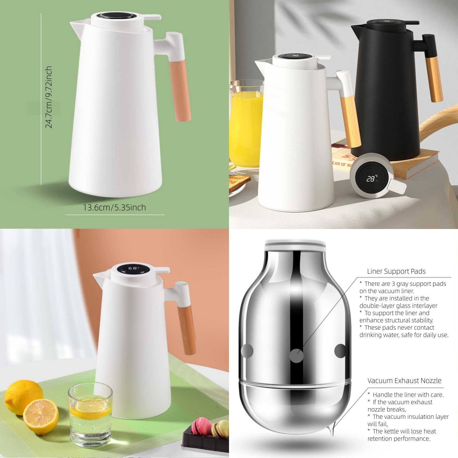 Caraffa termica intelligente con display della temperatura, 963,9 g, con rivestimento in vetro sottovuoto, caraffa termica a pressione per acqua, caraffa per caffè con manico in legno, caraffa per