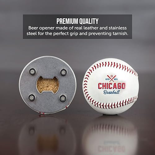Miniatura 2 de Abrebotellas Chicago C, abrebotellas de cerveza hecho de cuero de béisbol real, abridor de botellas magnético y receptor de tapas, accesorio genial