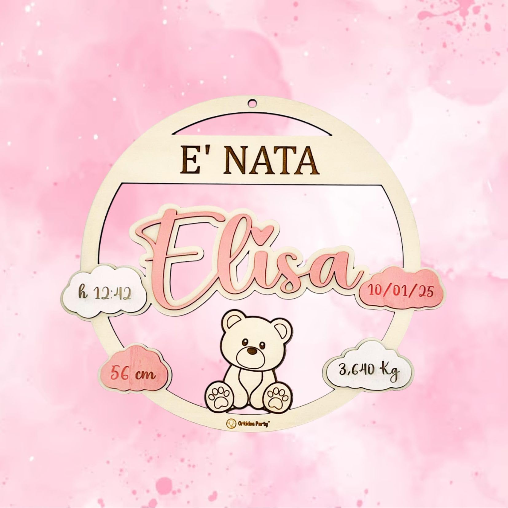 Orkidea Party Fiocco Nascita per Bimba o Bimbo in Legno Personalizzabile, Decorazione Camera, Primo Regalo, per Baby Shower, per Feste.Circa 30cm di Diametro.Made in Italy
