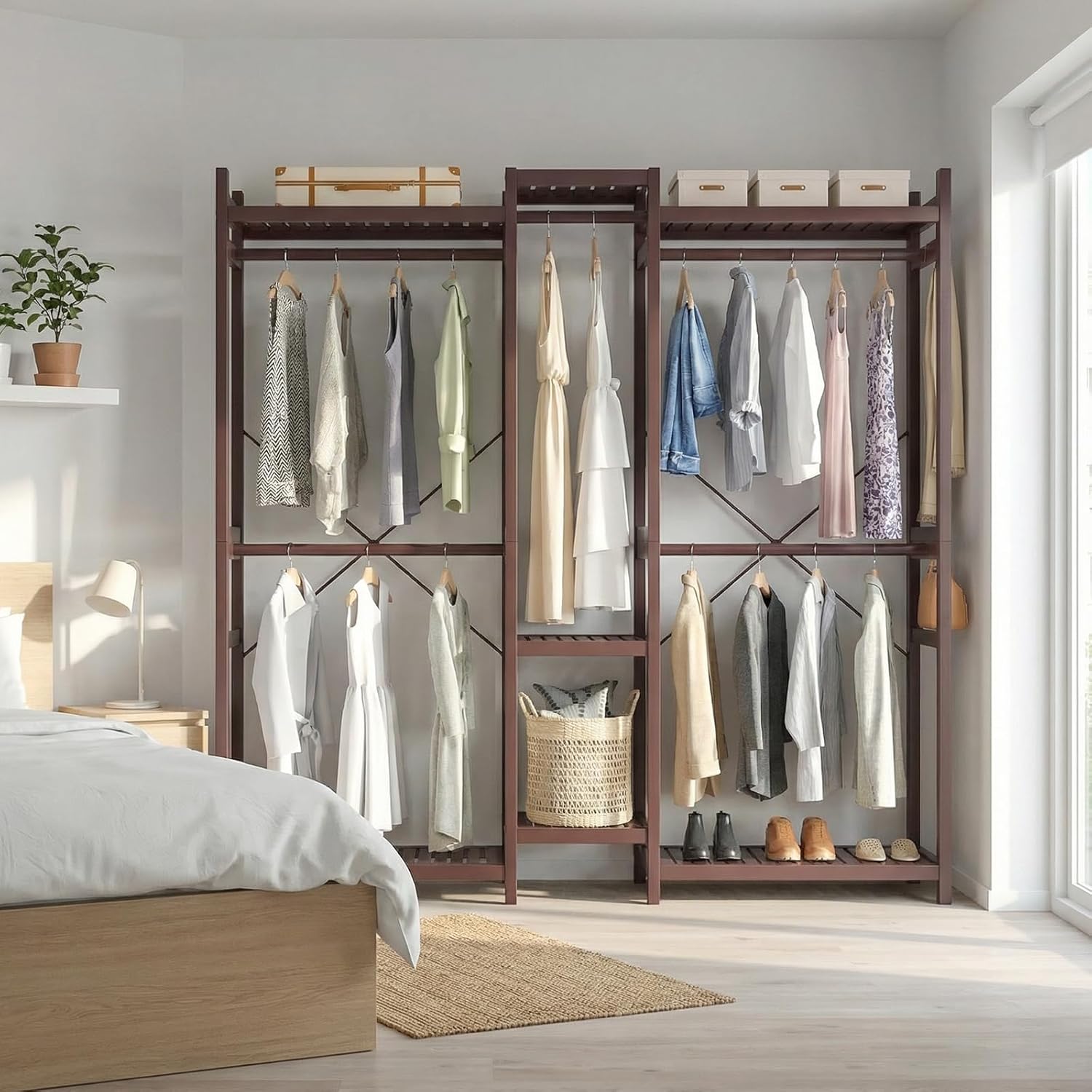 Homykic Bamboo Closet System, Large Clothing Rack for Hanging Clothes, Freestanding Clothes Rack with 7 Shelves & 5 Hanging Rods, Open Wardrobe Closet Organizer Garment Rack with 4 Hooks, Espresso