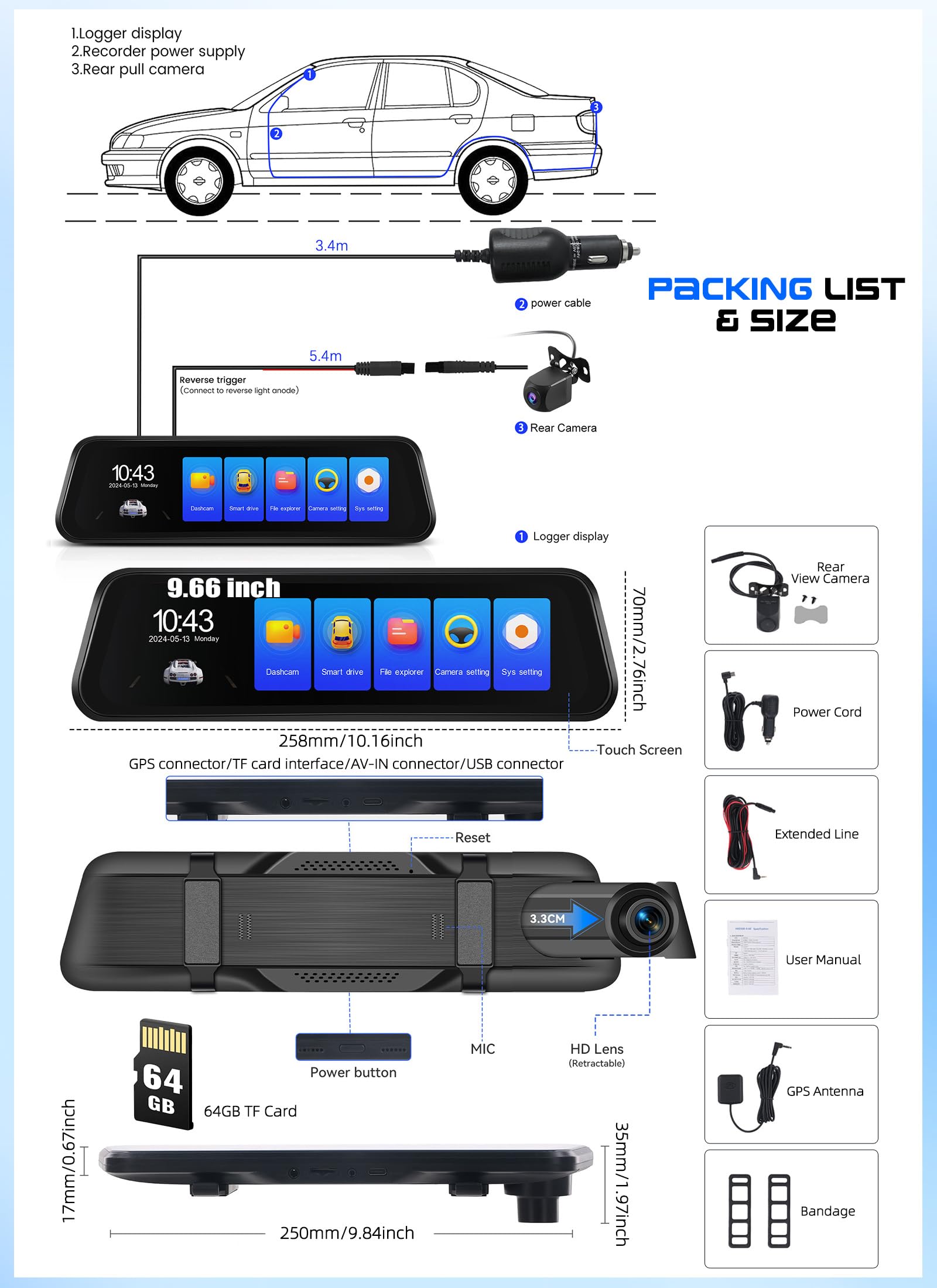 CAMECHO 9.66'' 4K Pantalla Táctil Dashcam Retrovisor Coche, Dash Doble CAM Frente y Trasero, Cámara Retrovisor para Coche con visión Nocturna,grabación en Bucle, Sensor G, GPS, ADAS, BSD