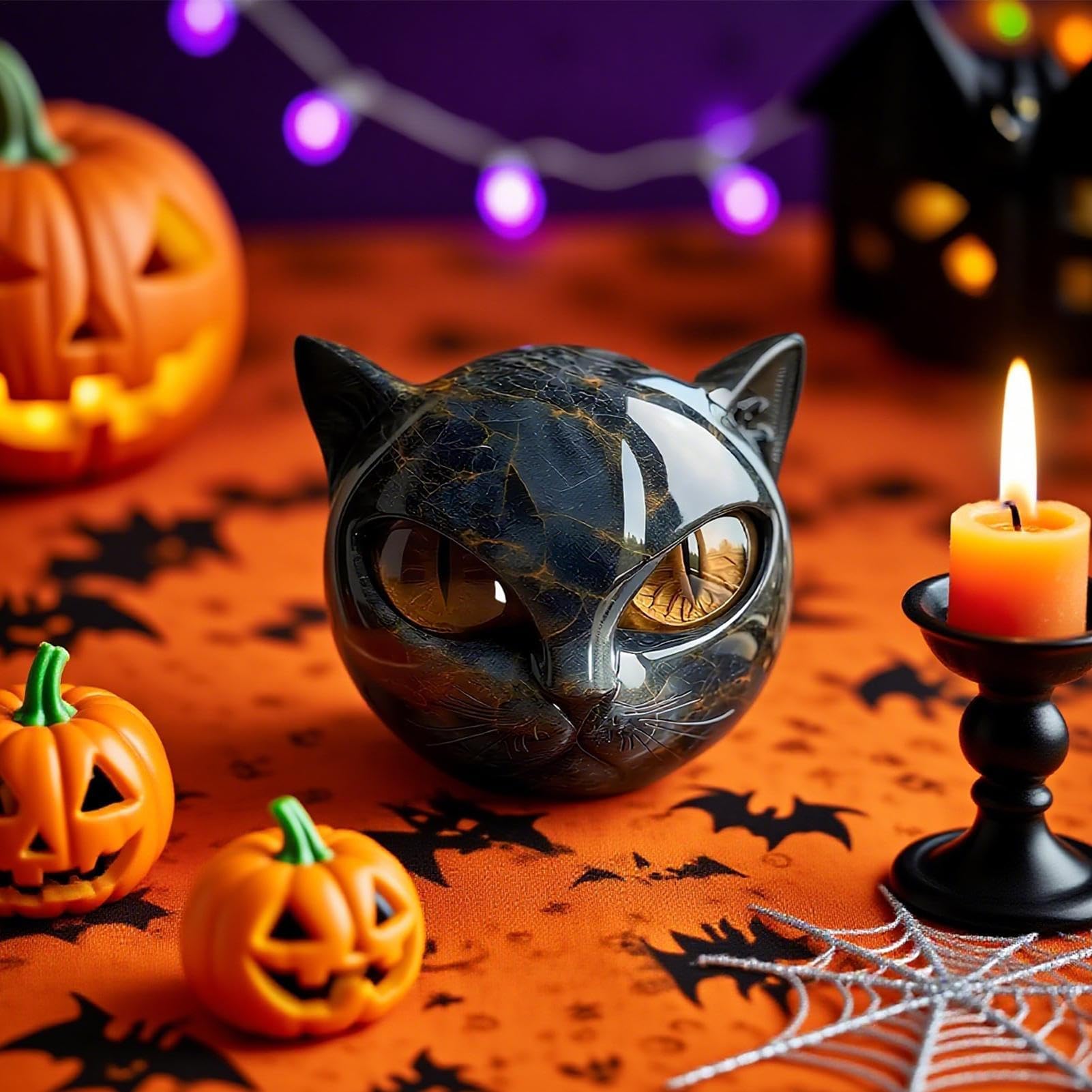 Statuetta Gatto Nero In Resina - Scultura Decorativa Con Occhi Ambra - Design Elegante Per Casa E Ufficio
