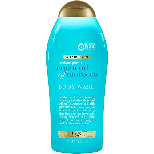OGX Radiant Glow + Argan Oil of Morocco Extra Hydrating Body Wash for Dry Skin, Moisturizing Gel Cleanser for Silky Soft Skin, Body Wash for Women, Sulfate-Free Surfactants, 19.5 fl oz