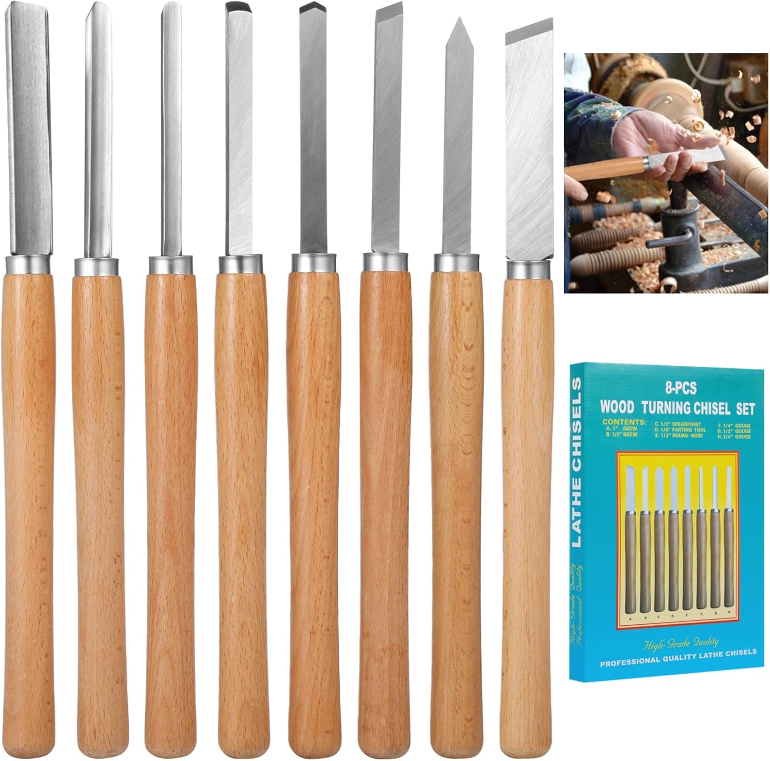 8 Pcs Wood Lathe Tools - Wood Turning Tools for Lathe with Steel Blades, Woodworking Tools for Beginners & Professionals