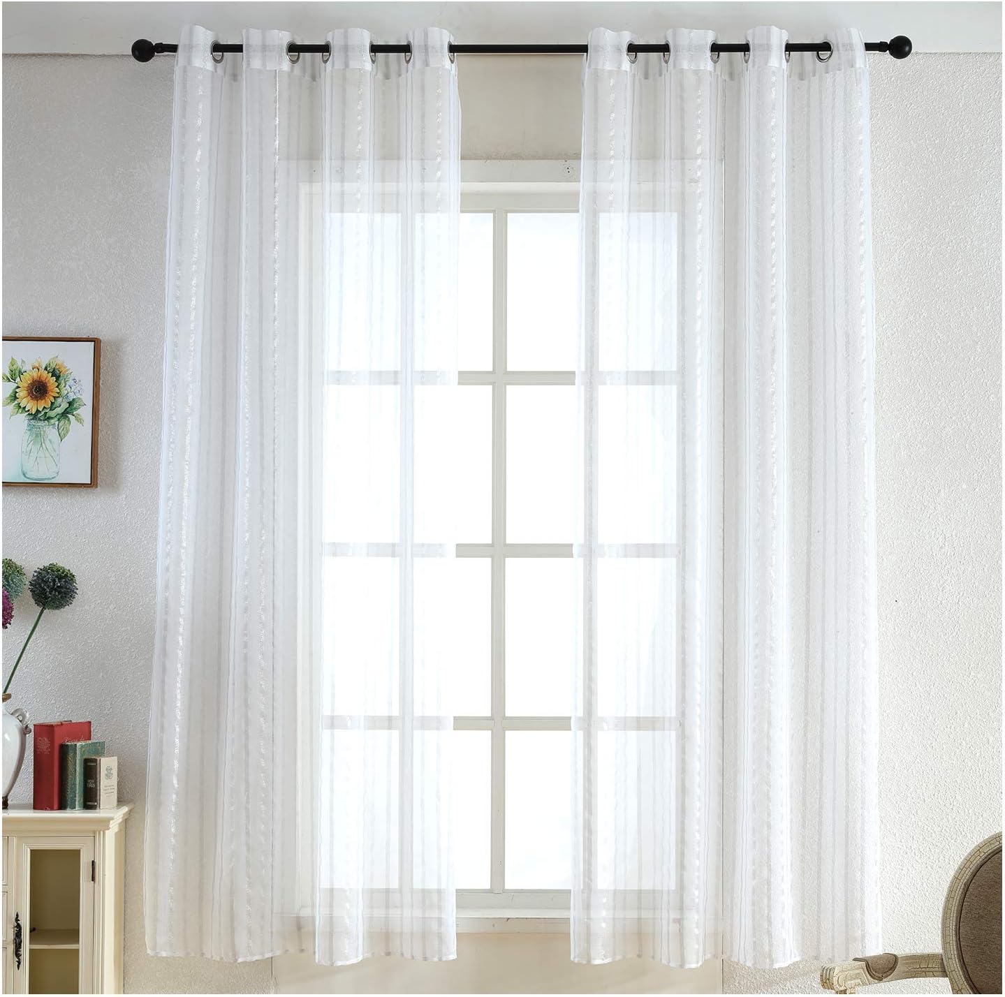 MERRYLIFE Silver Sheer Curtains with Grommets 2 Panels Silky Window Drapes | Length 54" x 84" (White)