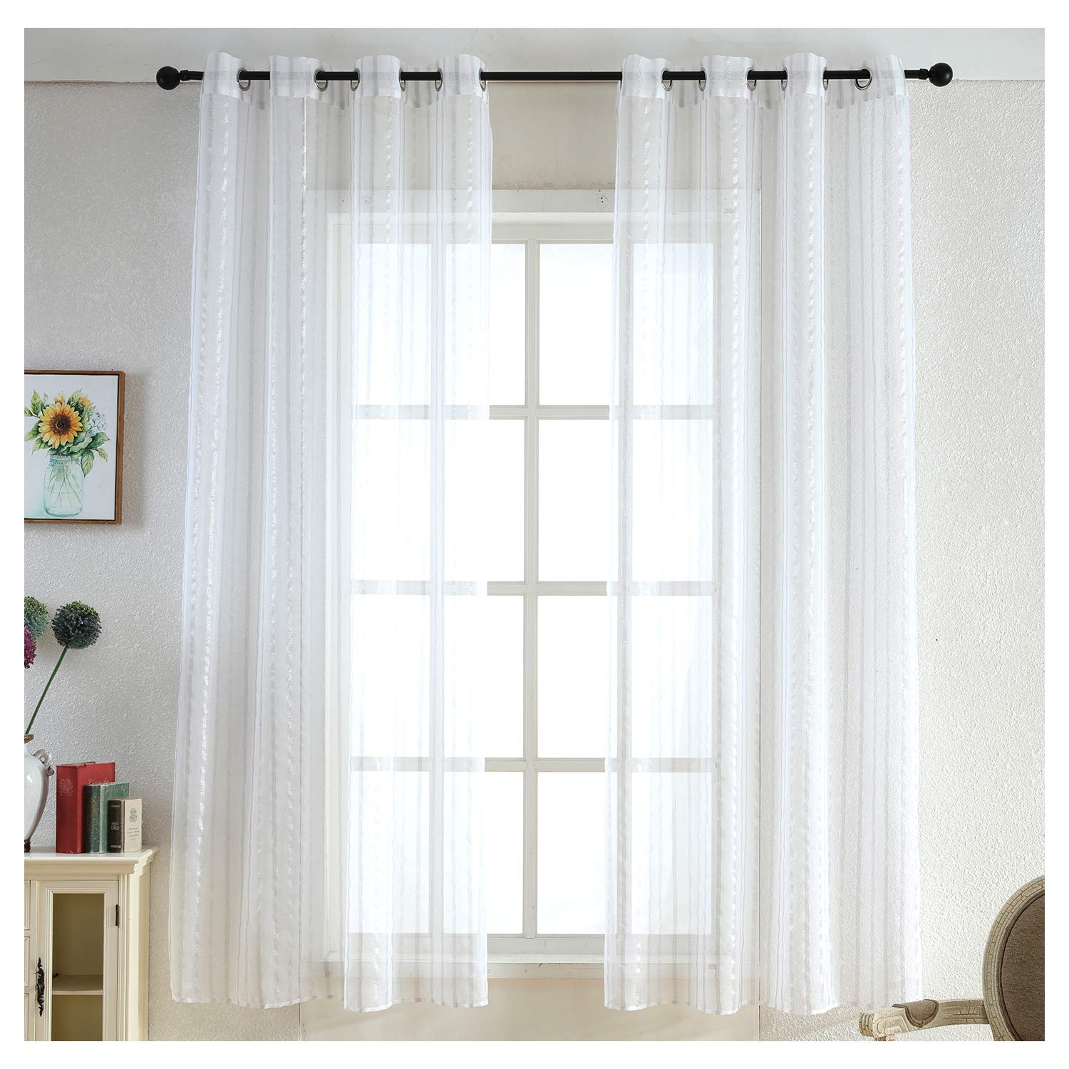 MERRYLIFE Silver Sheer Curtains with Grommets 2 Panels Silky Window Drapes | Length 54" x 84" (White)