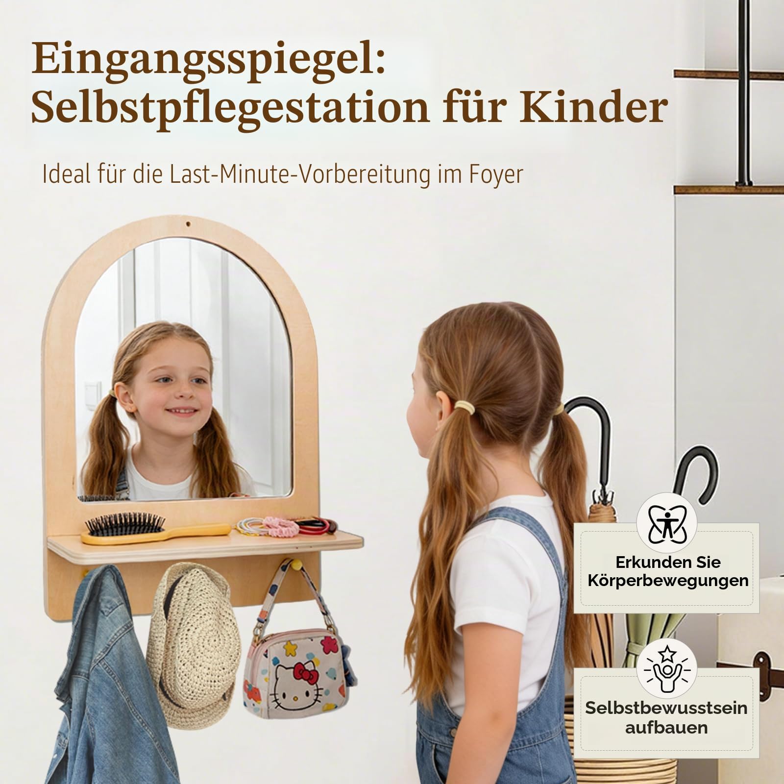 Montessori Spiegel aus Holz und Acryl für Kleinkinder, Wandmontage, Spiegel mit Haken & Regal, bruchsicher, Naturholz, einfache Montage, Möbel für Eingangsbereich, Kinderzimmer, Wohnzimmer, Flur