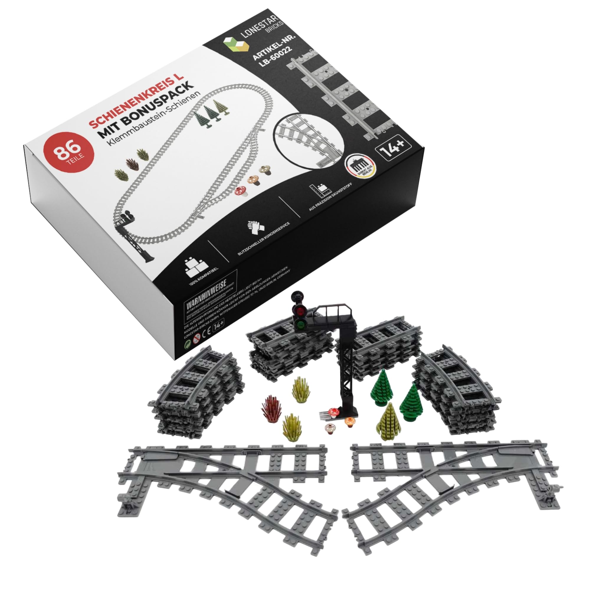 LONESTAR Klemmbausteine Schienenkreis L mit Bonus Zubehör, City Schienen Set, kompatibel mit Klemmbausteinen, großes Eisenbahn Erweiterungspaket mit Signalanlage und Deko