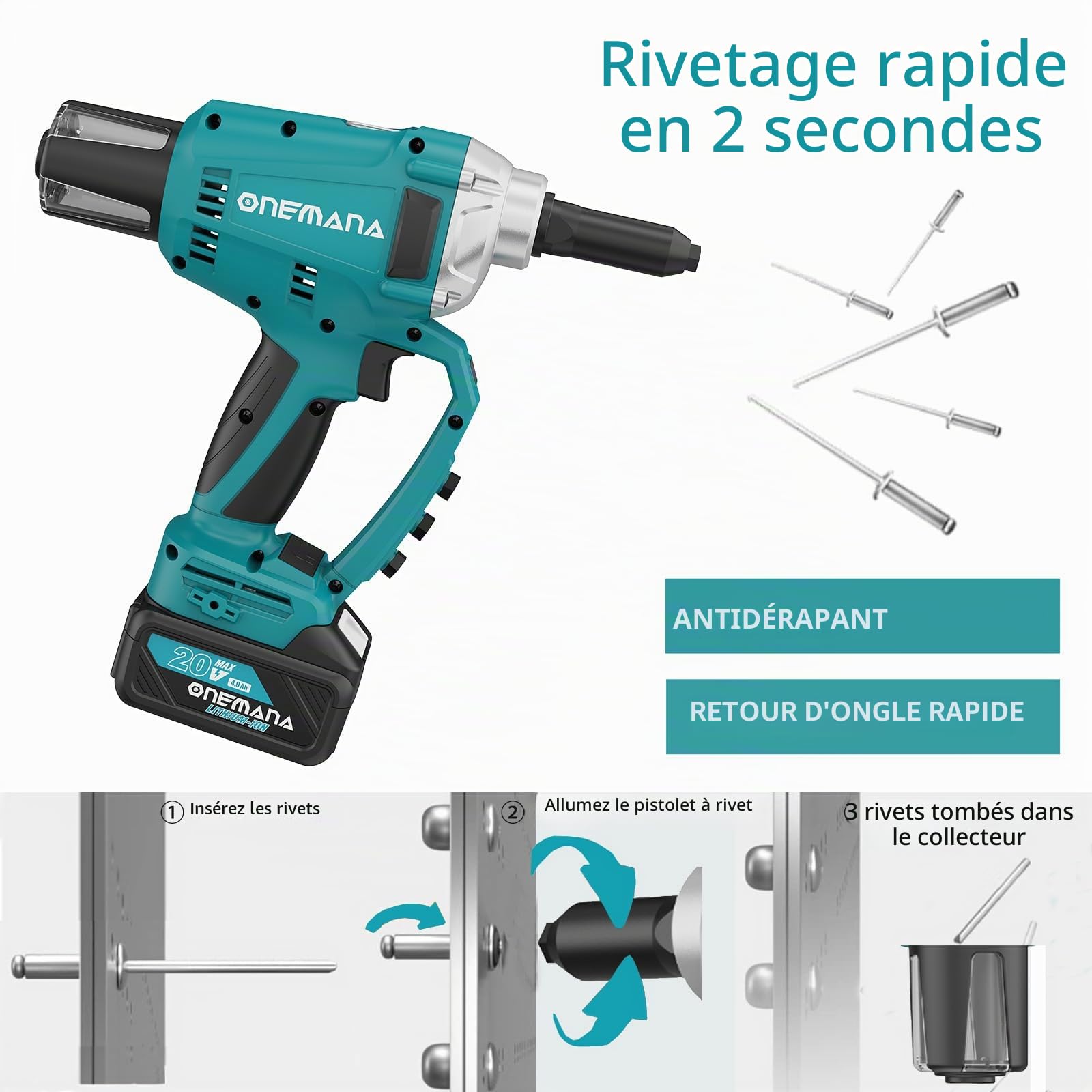 Pistolet à Riveter sans Fil, ONEMANA Pistolet à Rivets Électrique Automatique sans Balai jusqu'à 3/16'', Changement de Nez sans Outil, Compatible avec Le Pack Batterie Makita (Outil Seul)