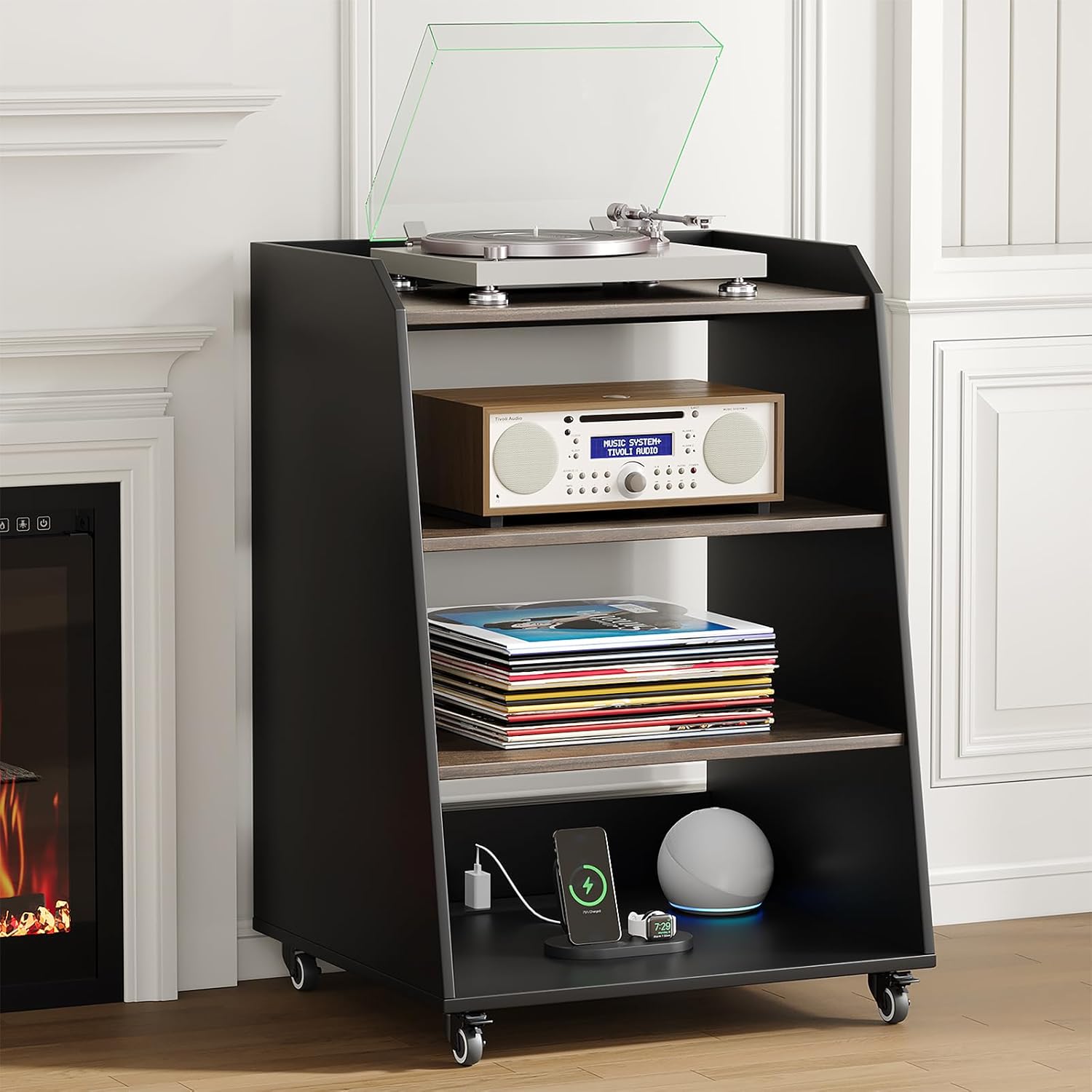 Rresyet 22.1" 4-Tier AV Media Stand with Wheels, Wooden Record Player Stand with LED Lights，Stereo Rack and Game Console Stand for Music Room, Living Room