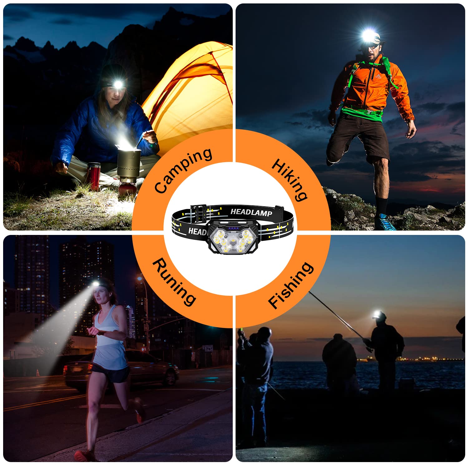 9 LED-Stirnlampe, wiederaufladbar, 2 Stück, 2000 Lumen, superhelle Stirnlampe, USB-C, 10 Modi mit weißem rotem Licht, Bewegungsmelder, Wandern, Angeln