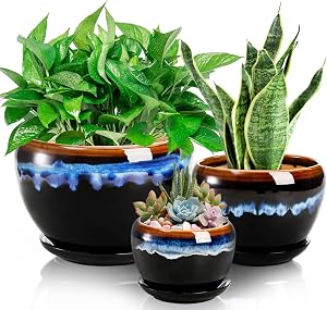AVLA 3 Pack Ceramic Flower Pots, Gardening Drip Glazed Planter, Plant Pot with Drainage Hole and Saucer, 7/5/4 Inch Rustic Houseplant Container for Succulent Herbs Cactus Orchid, Home Indoor Outdoor