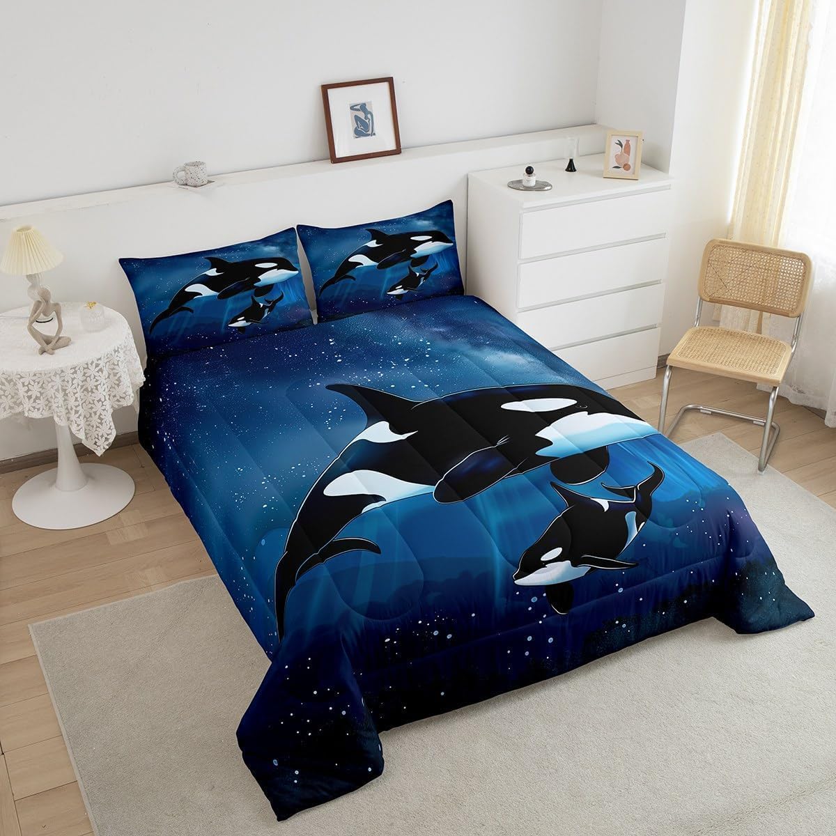Erosebridal Killer Whale Comforter Queen for Kids Ocean Animal Bedding Set, Psychedelic Galaxy Duvet Insert Starry Sky Quilted Duvet, Black and White Fish Bedding Comforter Sets Navy Sea Theme Decor