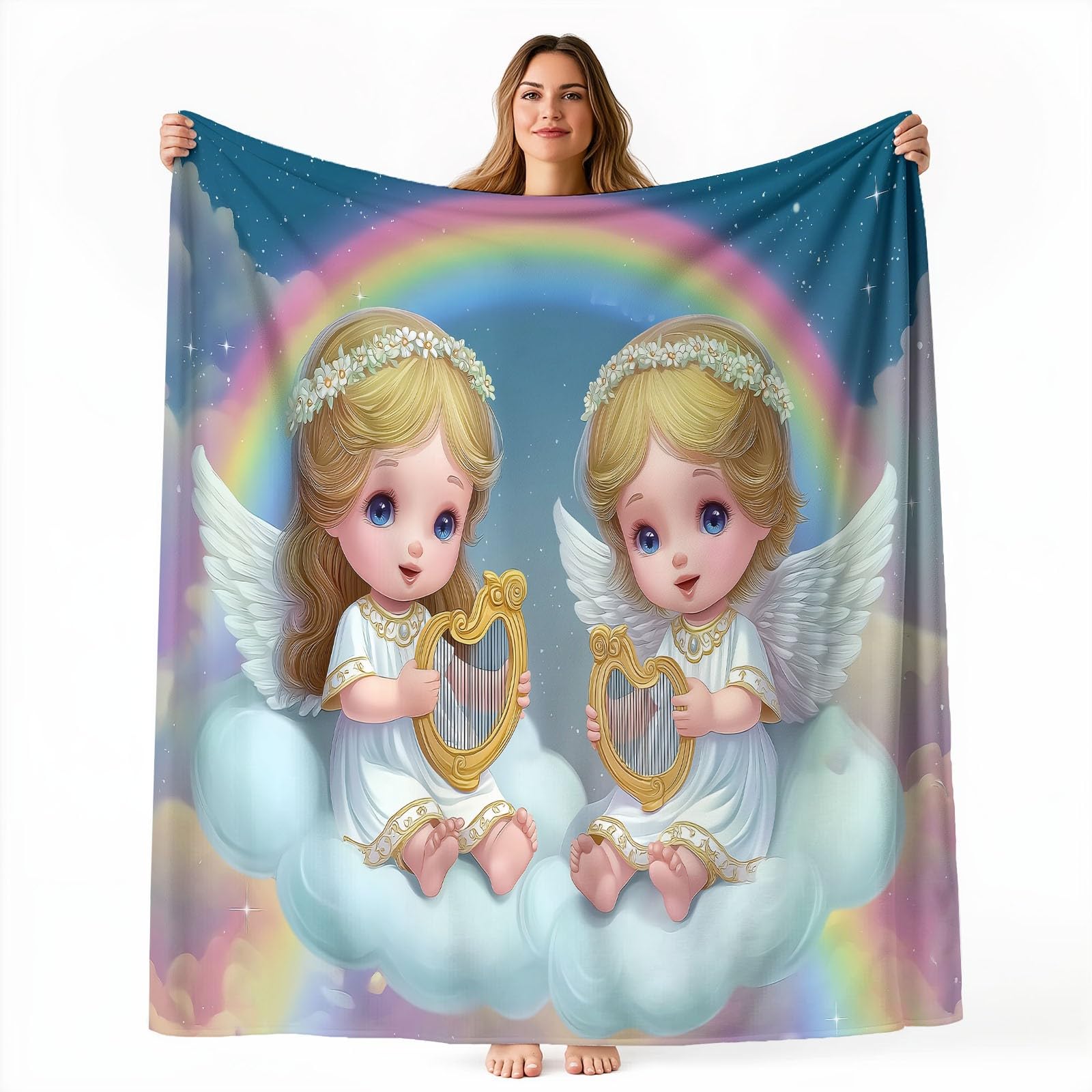 Miękki i przytulny flanelowy koc polarowy 150 x 200 cm - ciepły pluszowy nadruk kreskówka Anioł Chmury Anioł Podróżny koc dekoracyjny niebieski narzuta na sofę i łóżko podróżne