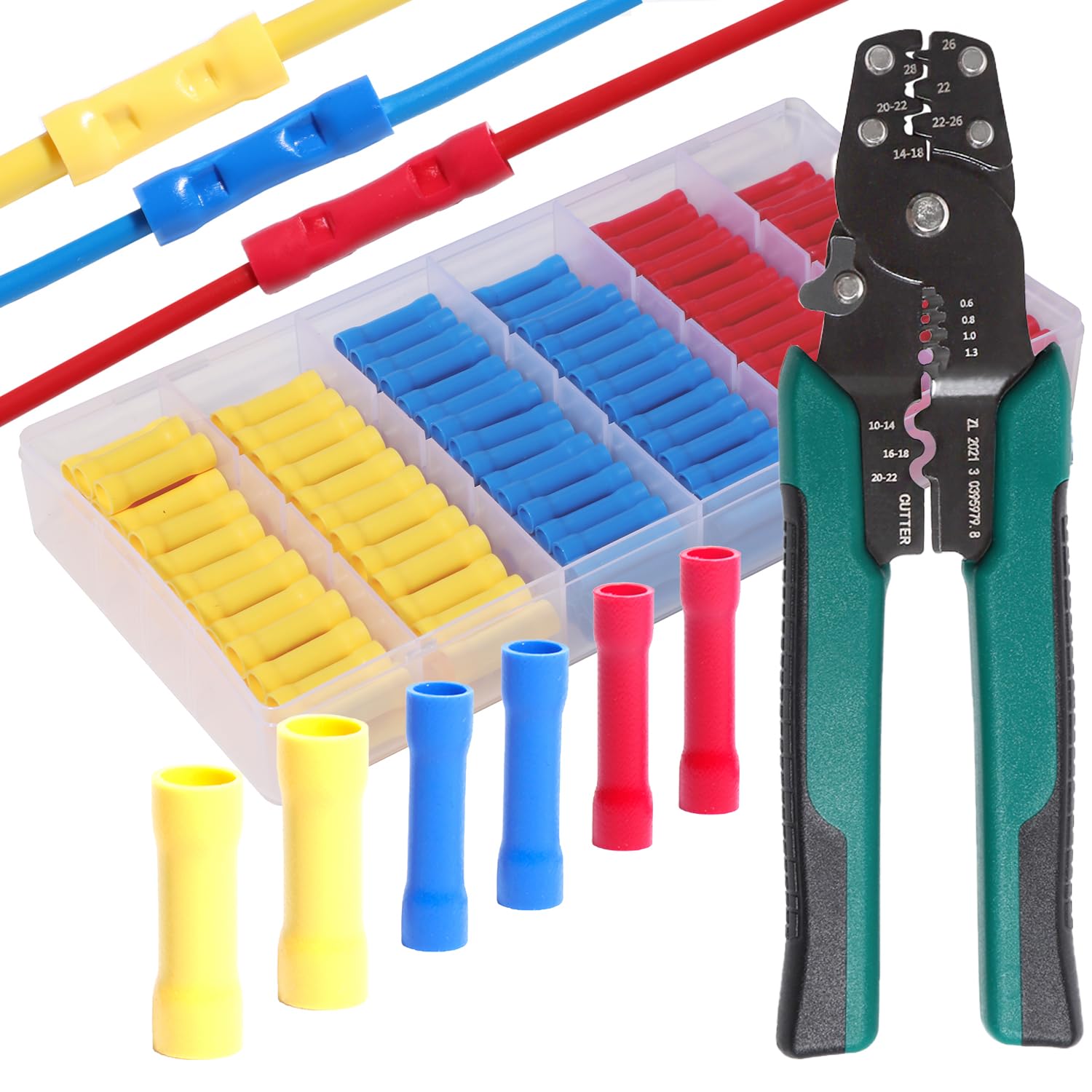 Wire Butt connectors With Wire Stripper Crimping Tool 22-10AWG Butt Splice Connectors Insulated Electrical Butt connectors Straight Wire Terminal Connectors