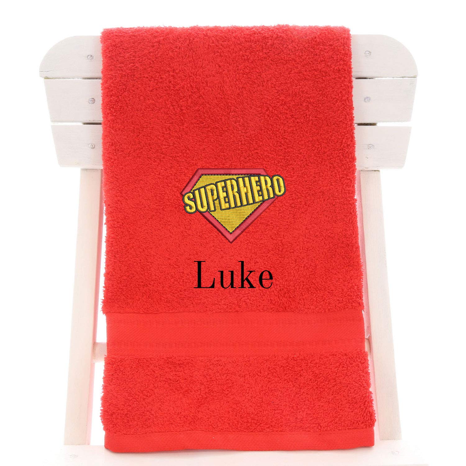 Aztex Red Personalised Children's 100% Cotton Bath Towel With Superhero Logo & Name, 550Gsm, 70Cm X 130Cm