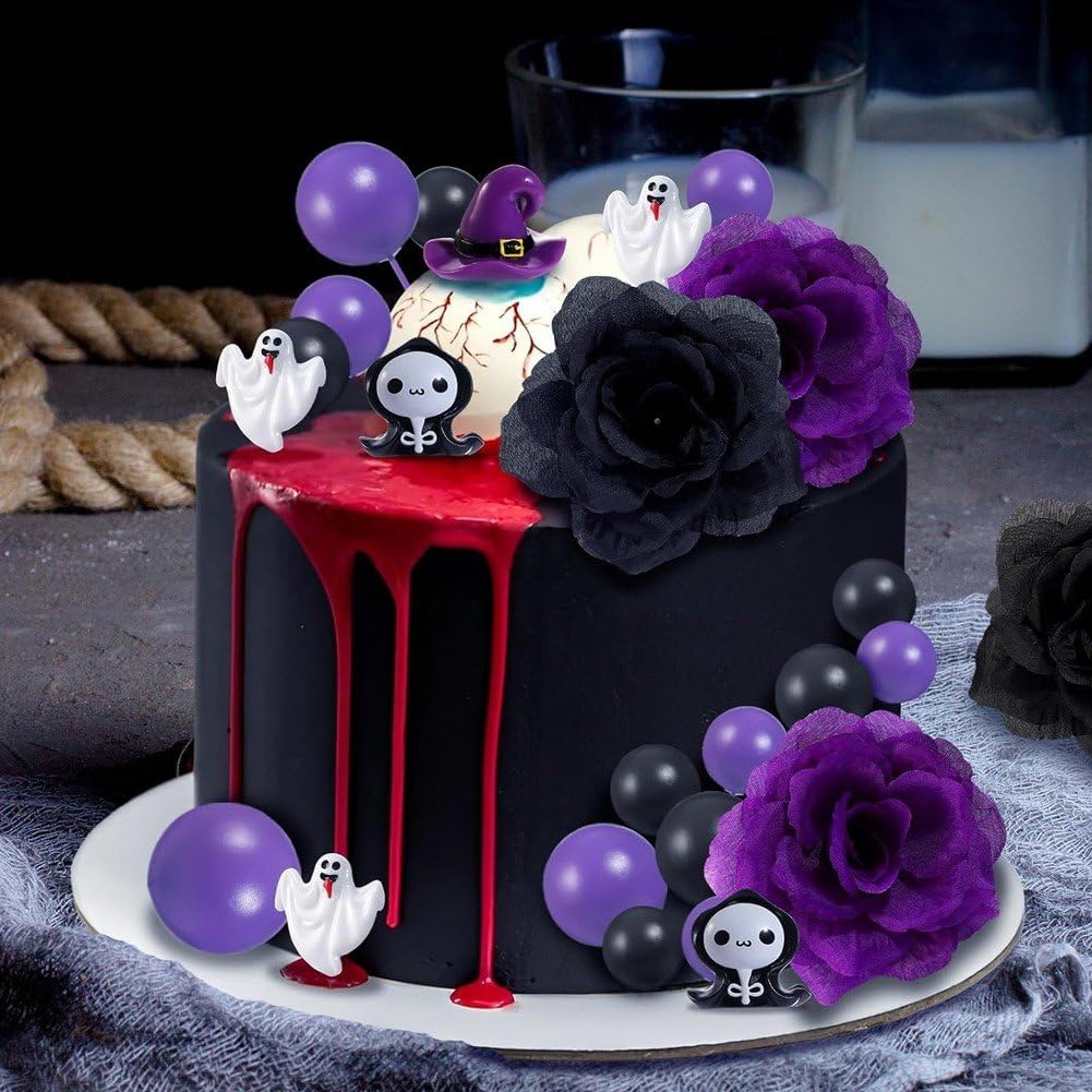 44 dekoracje na tort halloweenowy w kształcie kwiatu, gotycki, z różami, duchami, balonami, na przyjęcie urodzinowe