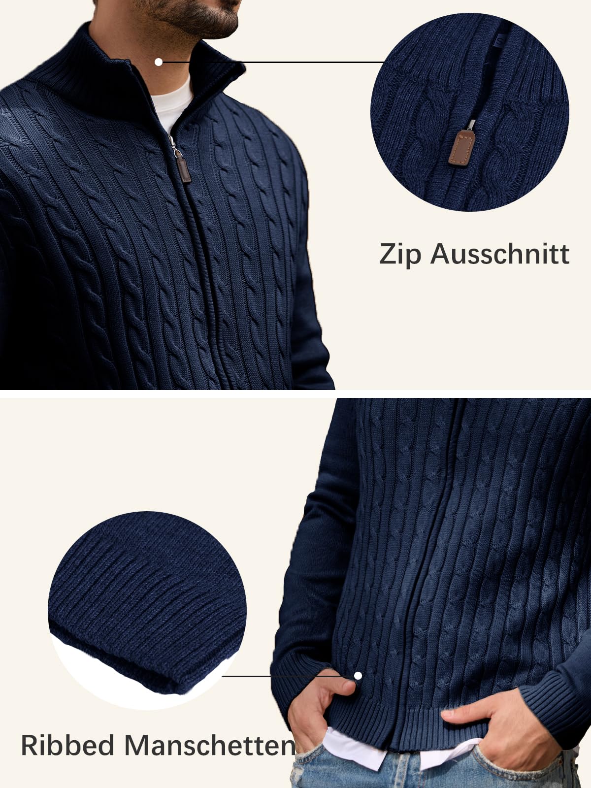 Les umes Cardigan Homme à Fermeture Éclair Pull Tricot Câblé à Col Debout Cardigan Chaud en Coton Détendu