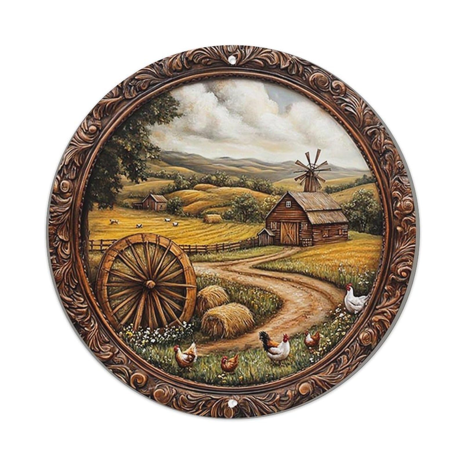 Rustic Farm Scene With Chickens Tin Sign Metal Poster Vintage Metal Signs for Home Man Cave Bar Cafe Kitchen laundry room Wall Decorations 8x8 inches
