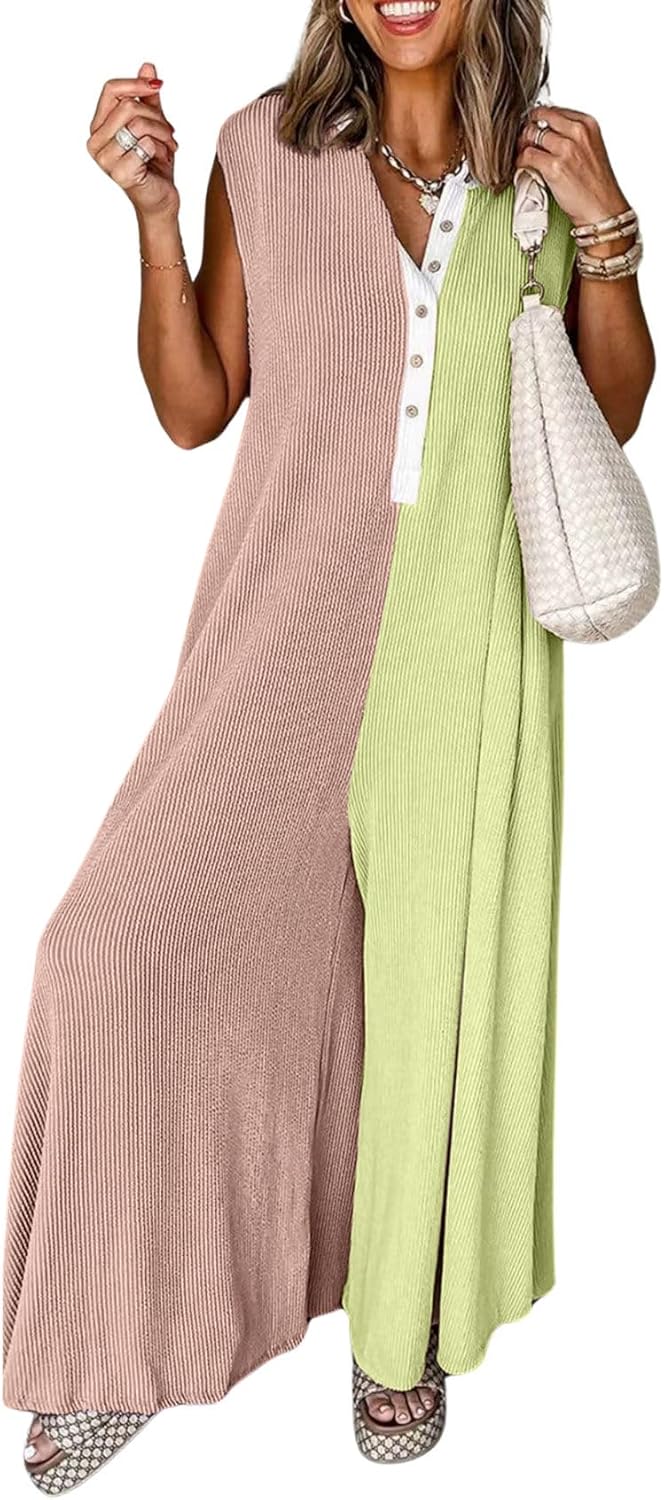 chouyatou Women's 2025 Color Block Sleeveless Baggy Overalls Button Up Wide Leg Romper Jumpsuit Pants