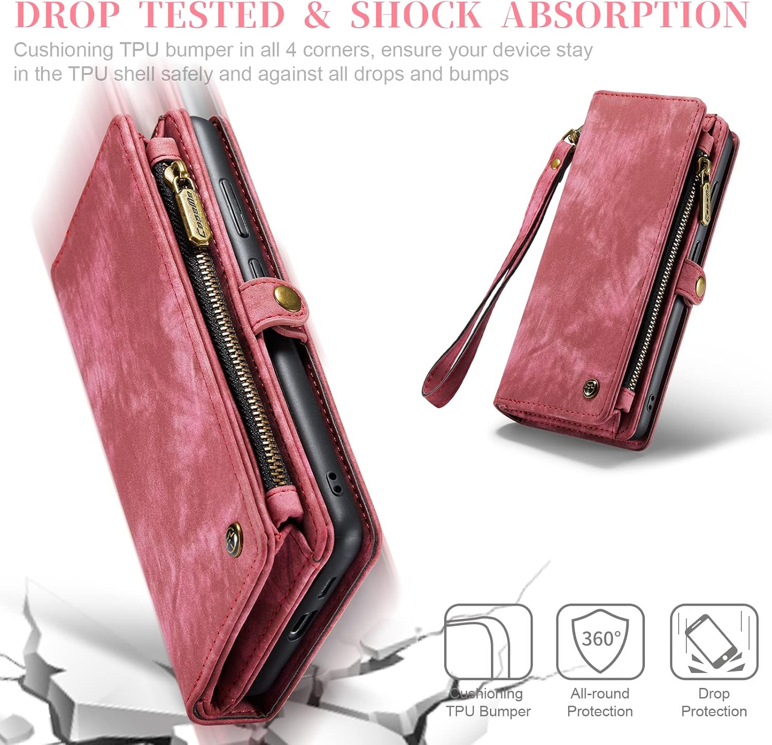 Case for Samsung Galaxy S23,Genuine Leather Wallet Detachable Magnetic Cell Phone Cover Wireless Charge Zipper Purse RFID Blocking Card Slot Holster for Galaxy S23 (Wine Red)