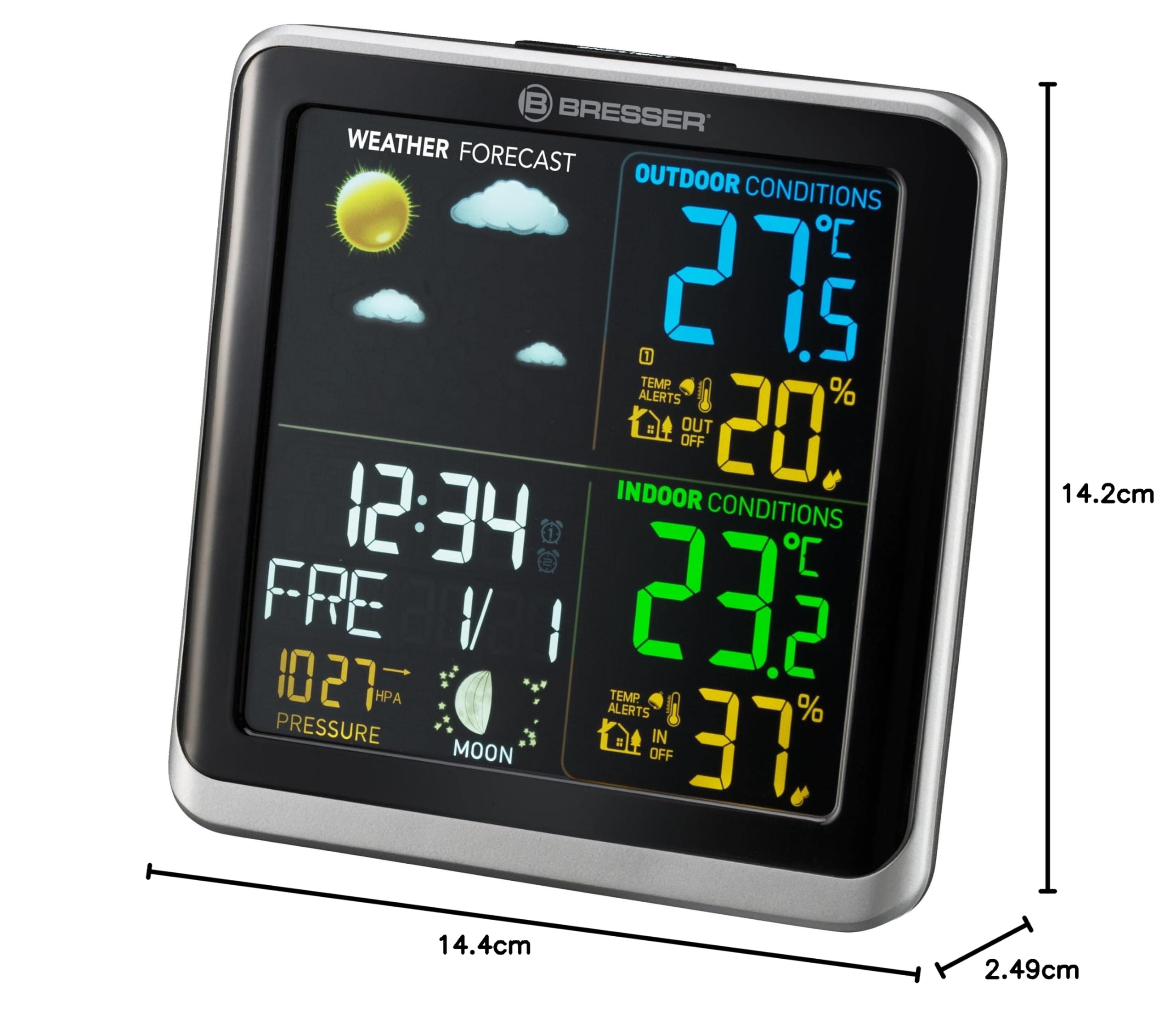 Bresser 7007201 radiowa stacja pogodowa z czujnikiem zewnętrznym ClimaTemp TB stacja pogodowa z kolorowym wyświetlaczem LCD i dwoma czasami budzenia, czarna/szara