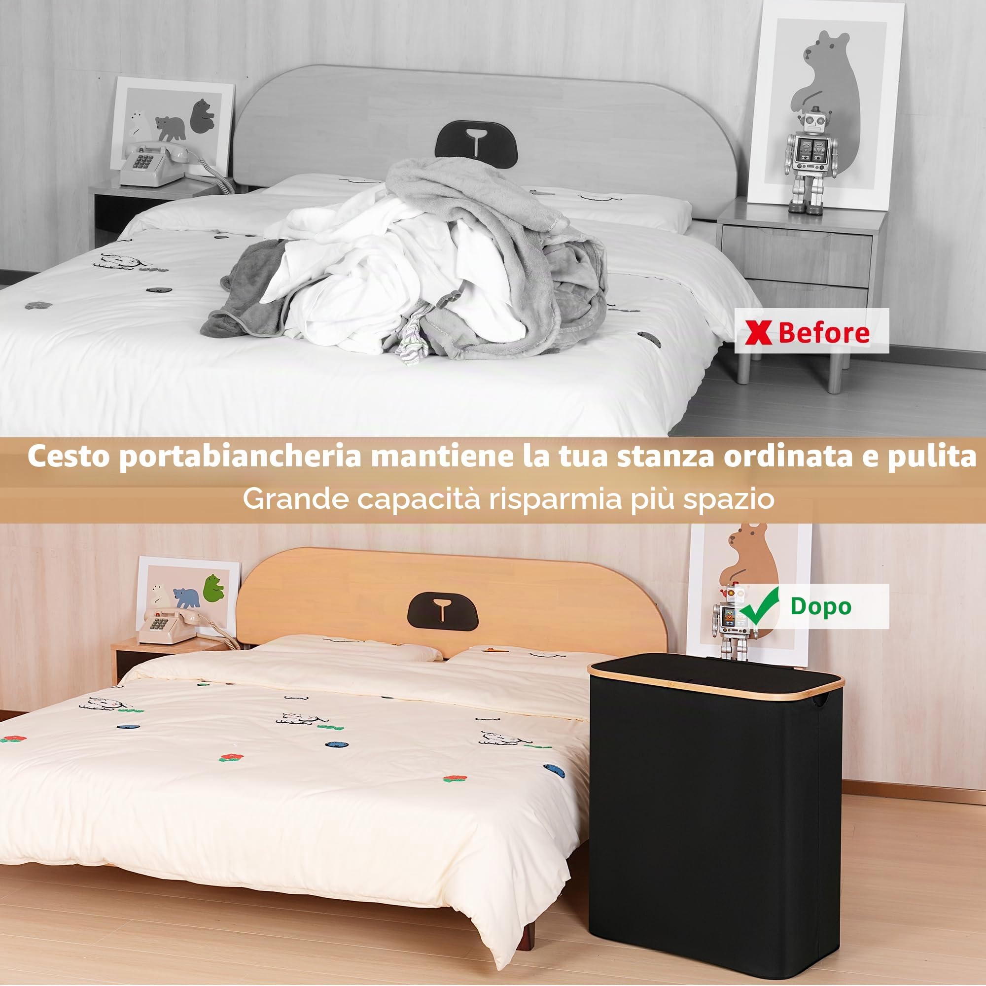 iEGrow Grande cesto portabiancheria con coperchio, 150 l, doppio cesto portabiancheria con sacchetti interni rimovibili e lavabili, 2 scomparti, pieghevole, per vestiti, giocattoli, asciugamani (nero)
