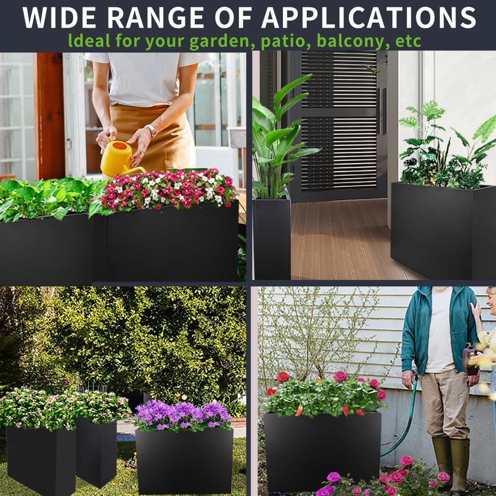 Metal Tall Long Planter Box Large Rectangular Planter Flower Pot with Drainage Holes for Indoor Outdoor Deck Porch Garden Home Patio Front Door (Black, 28" L x 9" W x 26" H)