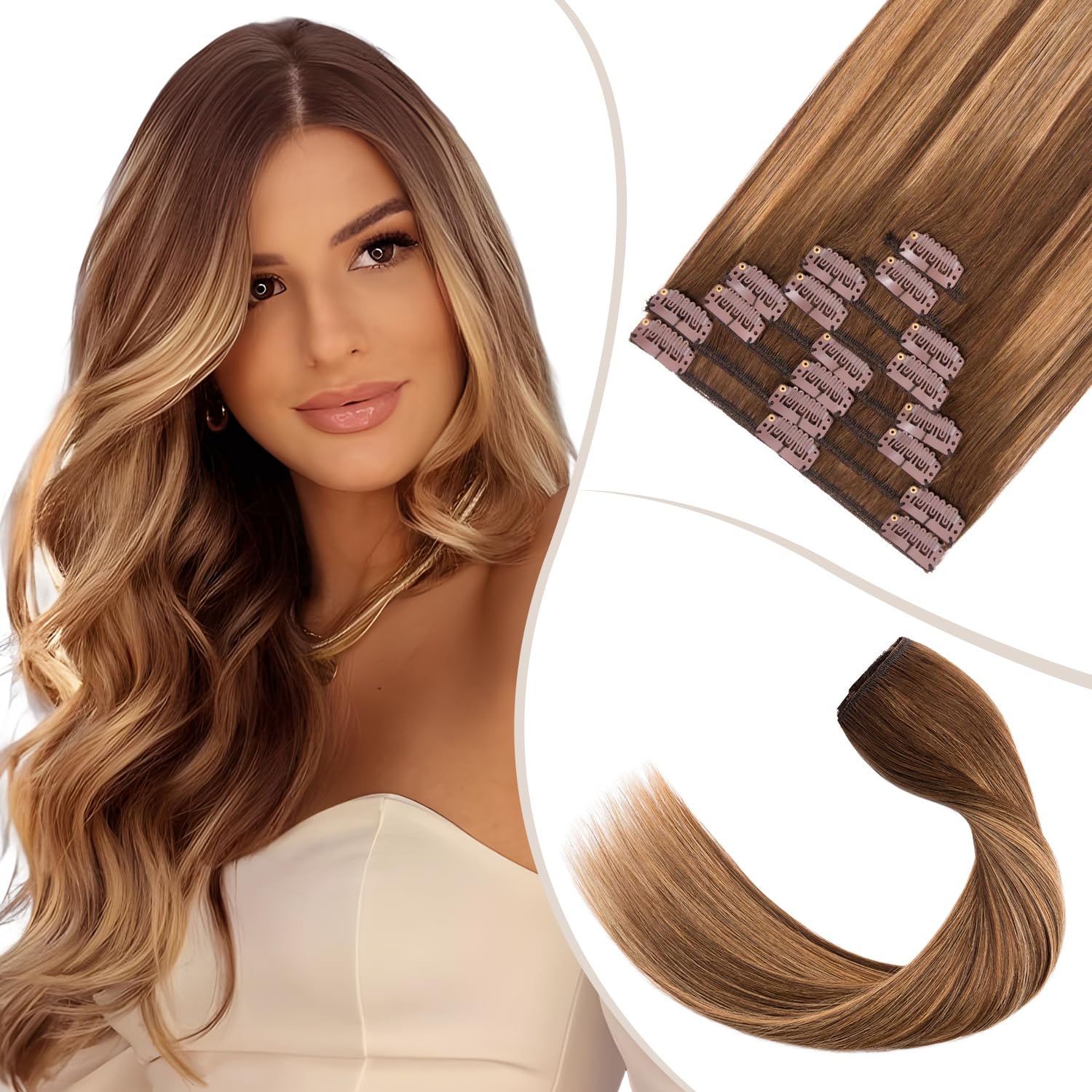TESS Clip in Hair Extensions Real Human Hair Balayage Remy Seamless 8 Pieces Straight for Women/Girls (#4T4P27 Chocolate Brown to Caramel Blonde