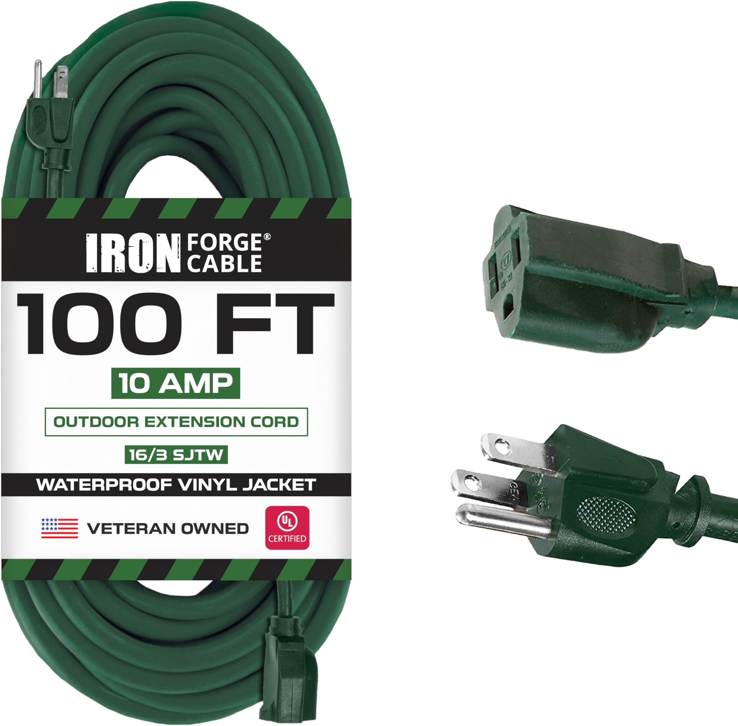 Iron Forge Cable Green Outdoor Extension Cord 100 FT - 16/3 SJTW Weatherproof Long Extension Cord for Outside with 3 Prong - 16 Gauge Foot Extension Cord for Yard, Gardens, Landscaping - UL Listed