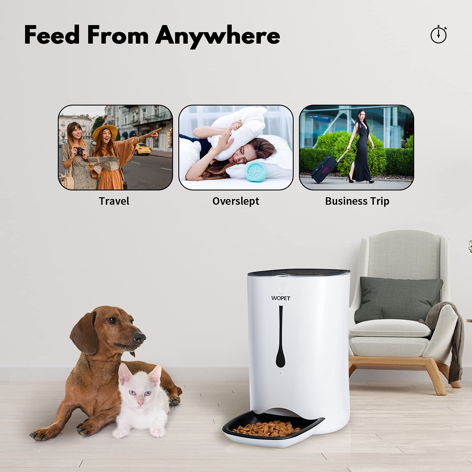 WOPET Automatic Pet Feeder Food Dispenser for Cats and Dogs–Features: Distribution Alarms, Portion Control, Voice Recorder, & Programmable Timer for up to 4 Meals per Day