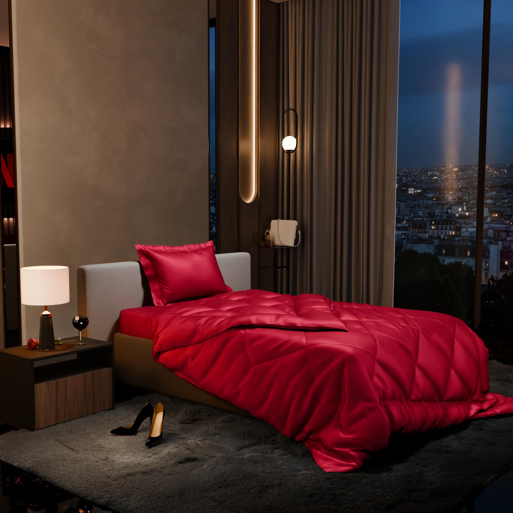 Stoa Paris Satin Comforter Set Single Bed with Satin Bedsheet & Pillow Covers, 300TC Complete Bedding Set, Ideal Gifts for Women, Couples, Bedroom Home Furnishing, Date Night - Flirty Red