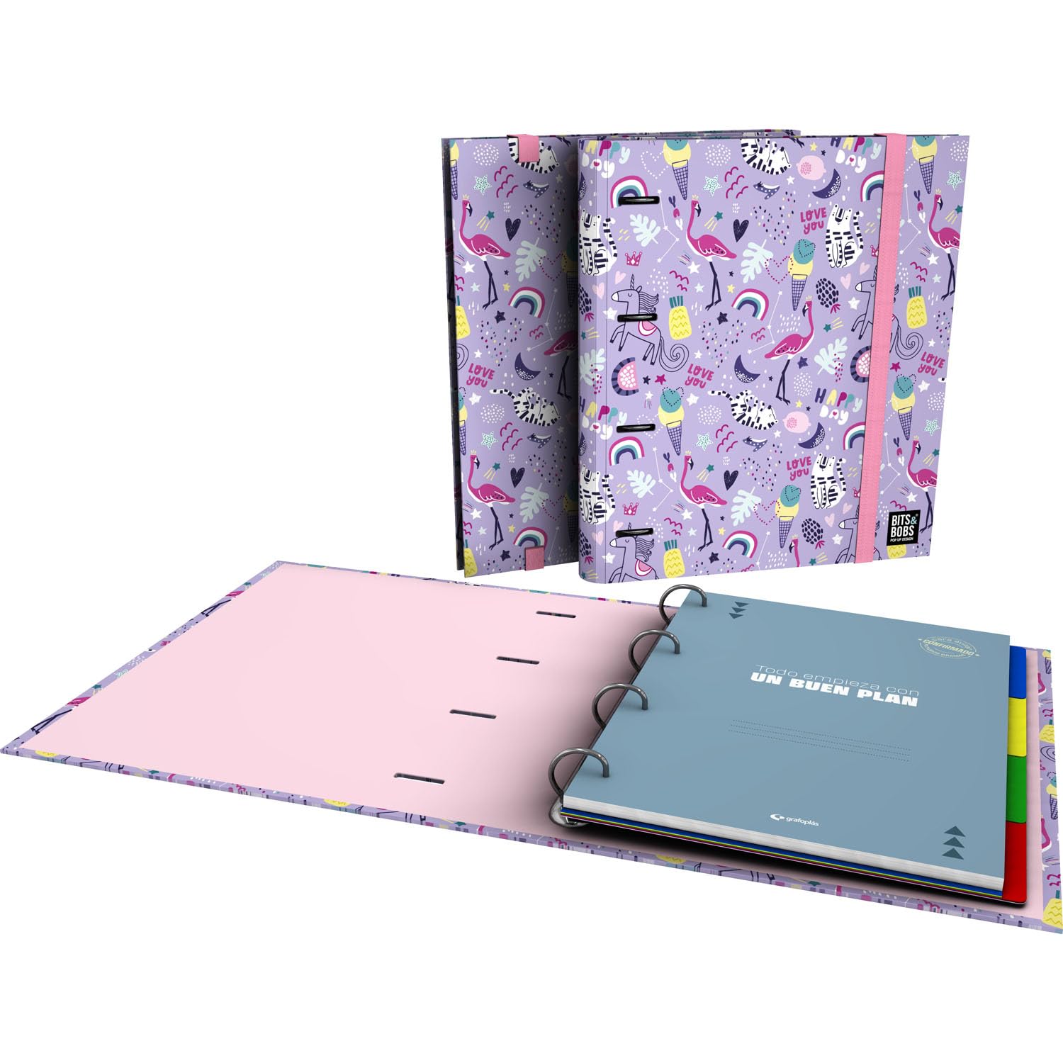 Grafoplas - A4 Ring Binder, Carpebook Bits&Bobs Happy, Includes Refill + dividers + Planner + Stickers + Transparent Envelope, Perfect for schoolchildren