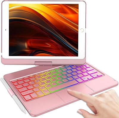 KBCASE Funda Teclado iPad 9a generación con Trackpad, Funda Rotación de 360° con Bluetooth Inalámbrico Español Ñ Teclado para iPad 10.2 9a/ 8a/ 7a Gen,7 Colores Retroiluminada,Rosa