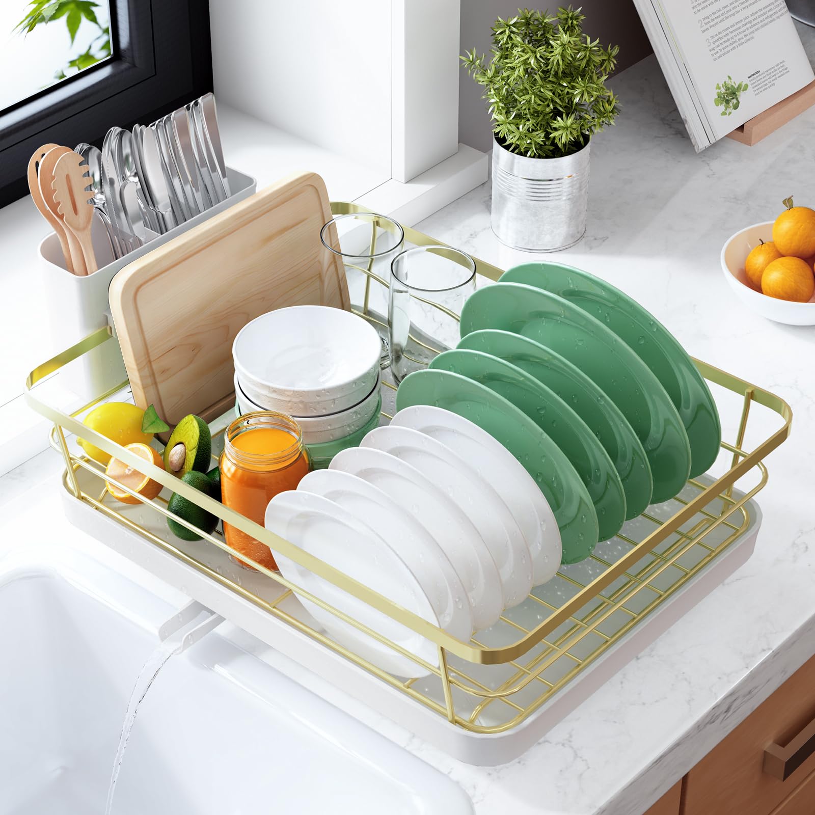 Kitsure Dish Drying Rack for Kitchen Counter, 12''W x 15.5''L, Gold
