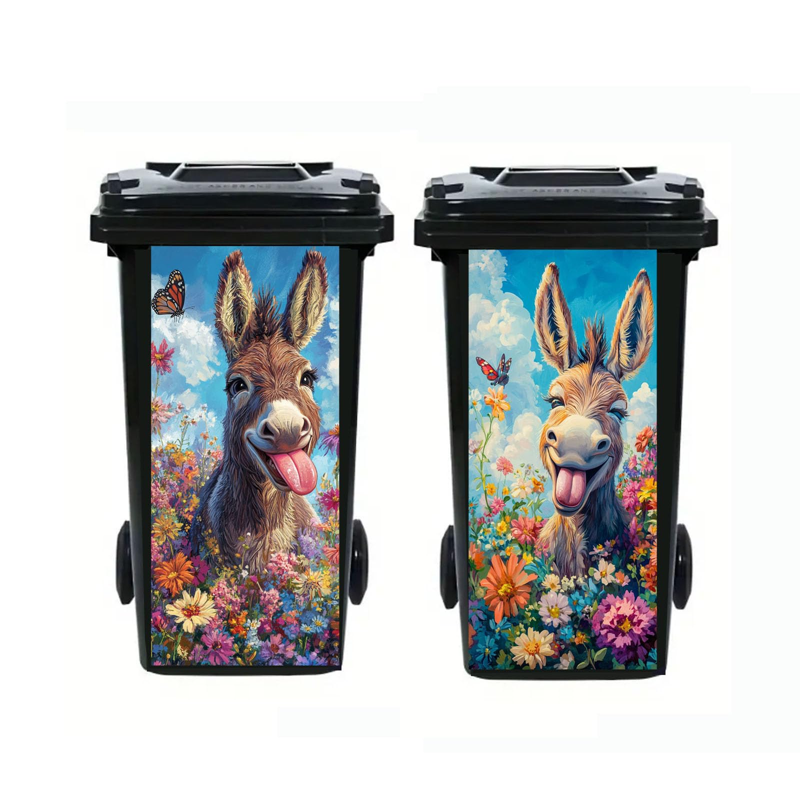 Nouiroy 2Pcs Donkey Dustbin Sticker Decals,14.57×32.28in Raccoon Wheelie Bin Stickers Self Adhesive Panda Peeking Decal for Door Trash Cans Bins Driveway Garden Outdoor Patio Decor (Flower Donkey)