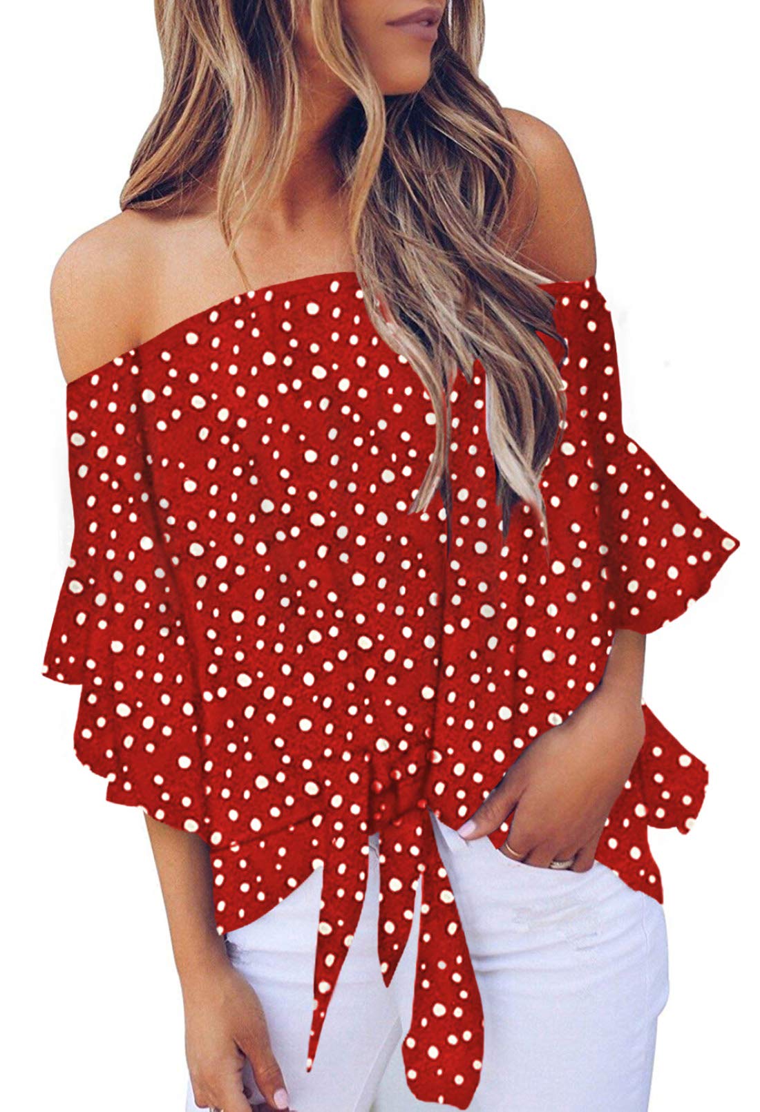 Womens Polka Dot Off The Shoulder Flare Sleeve T-Shirt Tie Knot Blouses and Tops Summer Shirt for Women Red Small