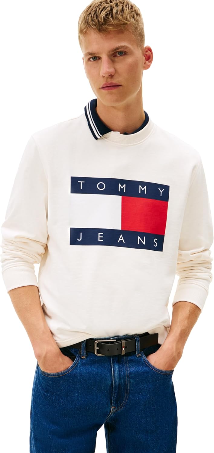 Tommy Jeans mens Medium Weight Crewneck Sweatshirt With Printed Flag Logo
