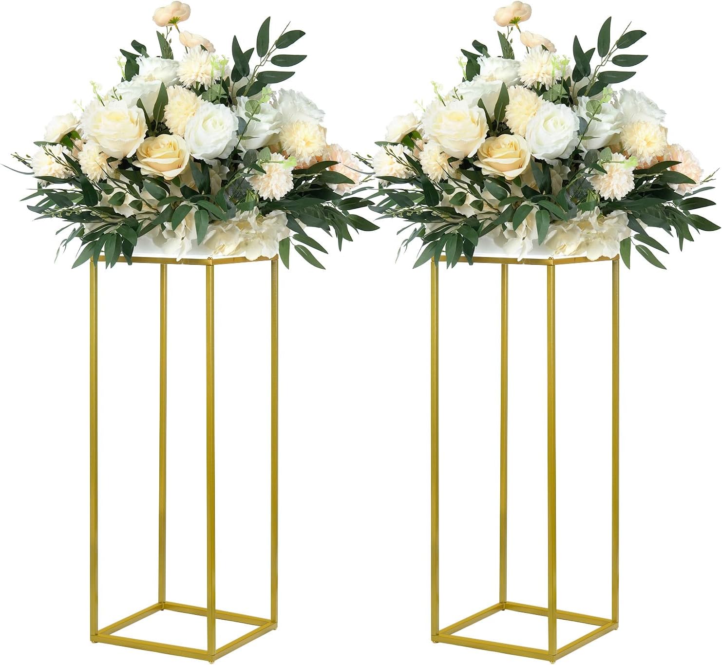 yallove 2 pack 23.75 inch gold wedding flower stand metal vase column stand geometric centerpiece vase for home party wedding decorations, rectangular flower display rack 2 23.75 inch