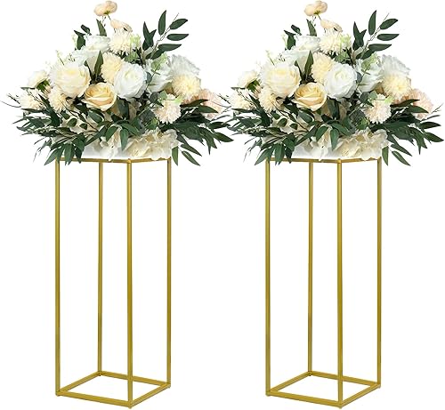 YALLOVE Paquete de 2 soportes de flores de boda dorados de 23.75 pulgadas, soporte de columna de jarrón geométrico para decoración de hogar, fiesta, YALLOVE Paquete de 2 soportes de flores de boda dorados de 23.75 pulgadas, soporte de columna de jarrón geométrico para decoración de hogar, fiesta,