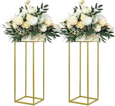 YALLOVE 2 Pack 23.75 بوصة زفاف ذهبي زهرة حامل مزهرية معدنية عمود عمود محور هندسي مزهرية لزينة الزفاف حفلة المنزل ، رف عرض زهرة مستطيل
