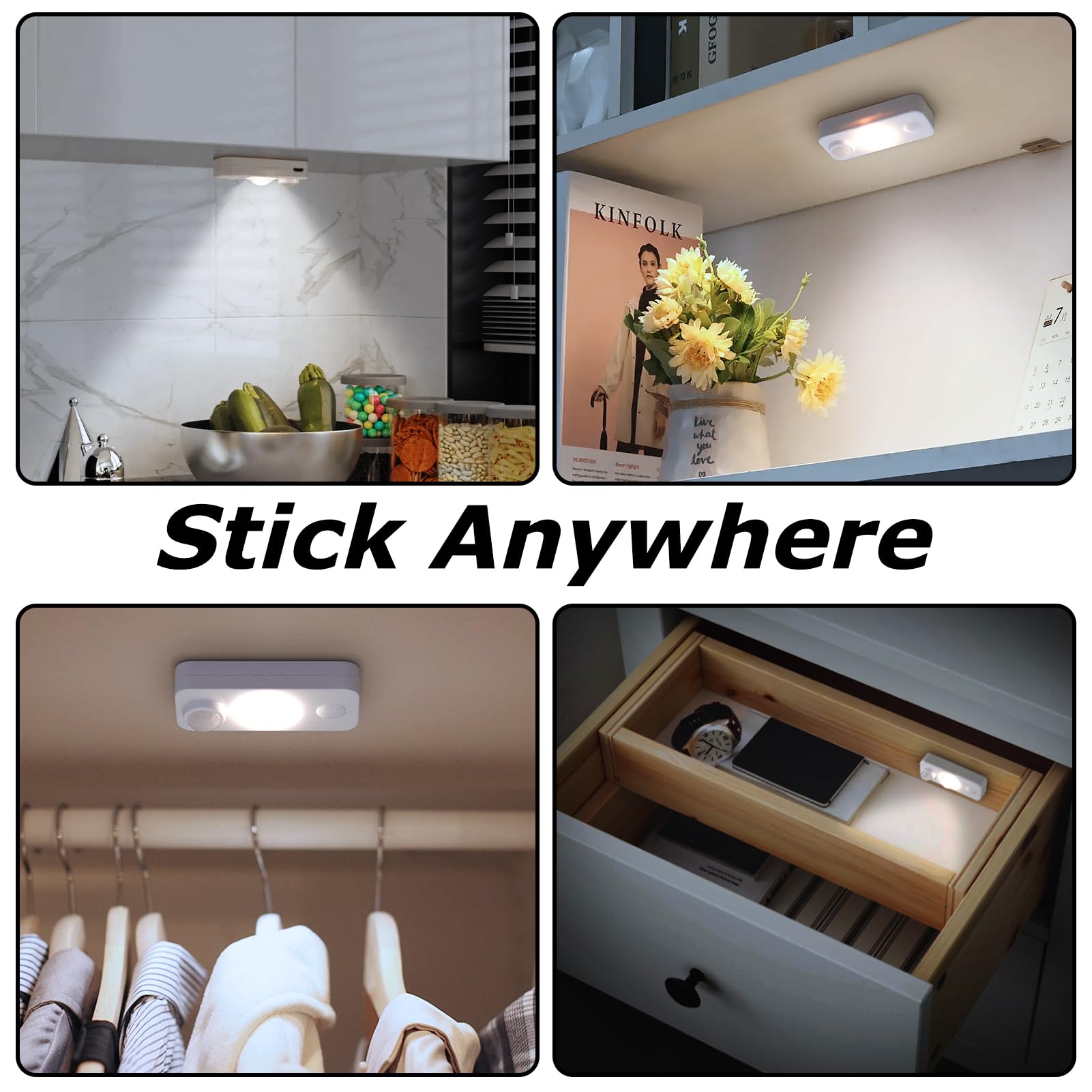 NIEGNOWOO Luces LED con sensor de movimiento, luces recargables para gabinete, luz nocturna LED inalámbrica para armario, cajón, estante, debajo del gabinete, luz blanca diurna, paquete de 4 unidades,