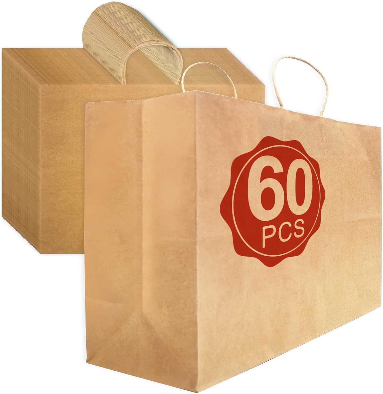 60 Pack Large Kraft Paper Bags with Handles,16x6x12 Inch Brown Paper Bag Kraft Shopping Bags for Small Business, Merchandise, Gifts, Shopping, Grocery (Brown)