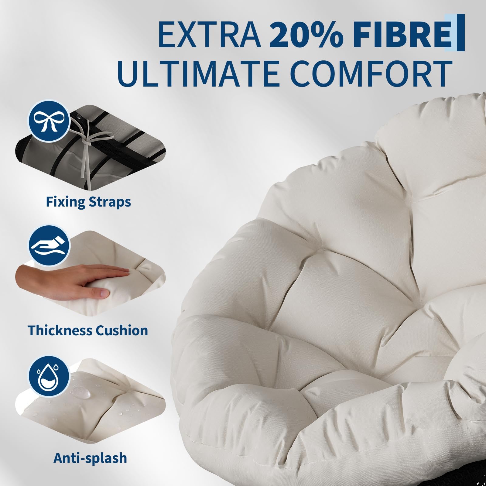 Fauteuil papasan Pivotant à 360° en Rotin,Fauteuil de jardin avec Coussin Épais,Imperméable,Charge 130kg,Intérieur & Extérieur,Chaise Relax Oeuf/Chauffeuse Pour salon,balcon,terrasse,jardin(Beige)