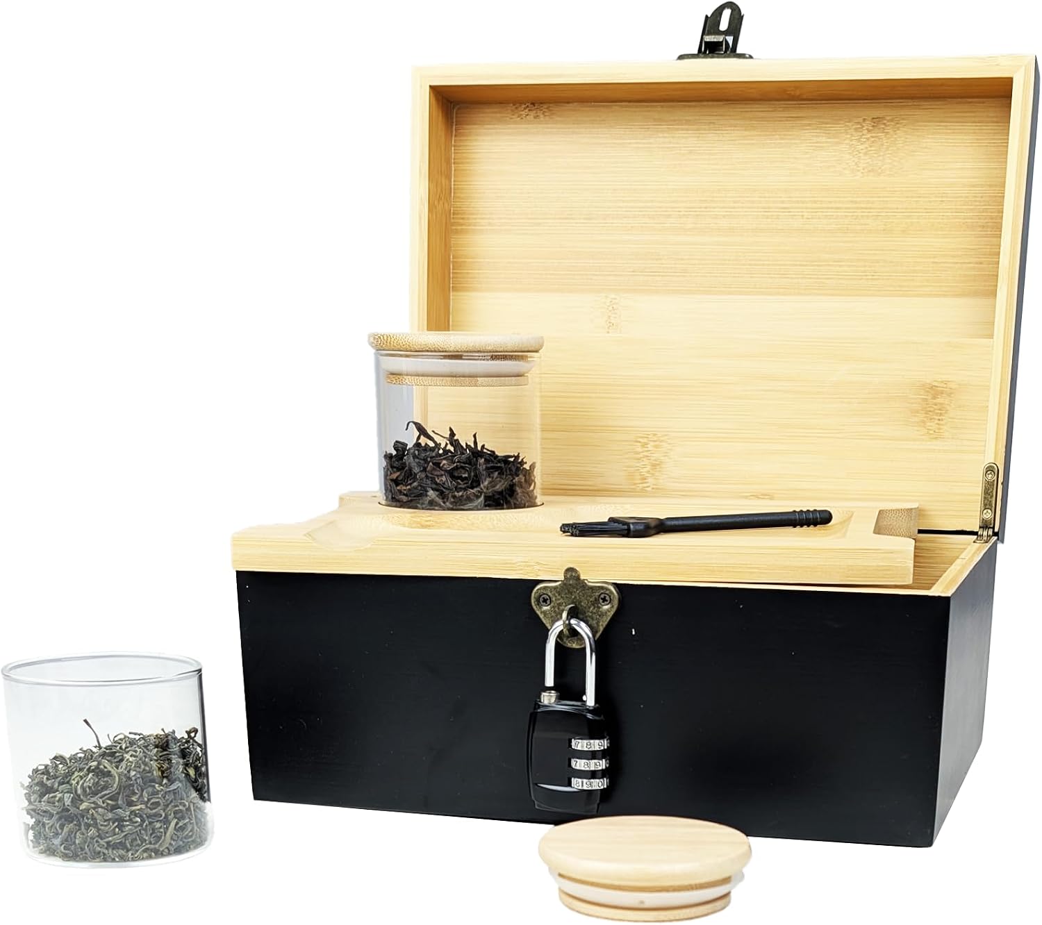 ARTAWEIN Artisan Bamboo Security Box witn Combination Lock - Decorative 12" Heirloom Storage for Jewelry, Cash, Travel Documents | Glass Jars & Detachable Compartments
