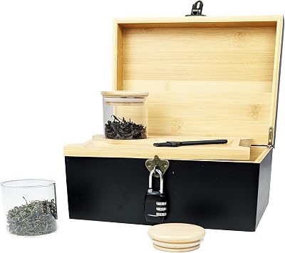 ARTAWEIN Artisan Bamboo Security Box witn Combination Lock - Decorative 12" Heirloom Storage for Jewelry, Cash, Travel Documents | Glass Jars & Detachable Compartments